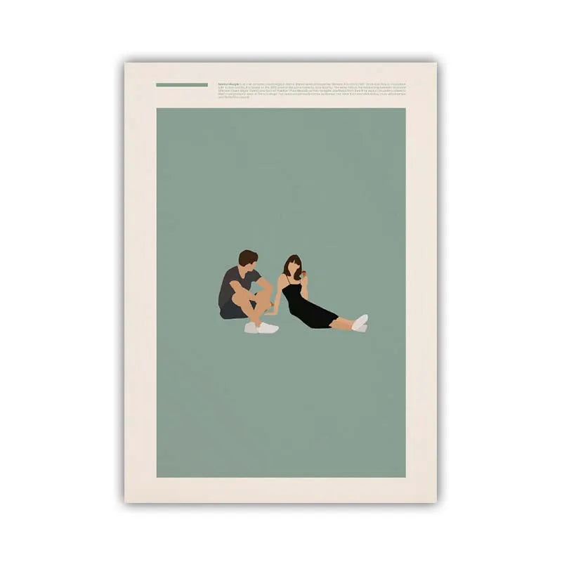 Framed artwork of a couple sitting together on a green background