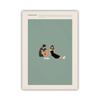 Framed artwork of a couple sitting together on a green background