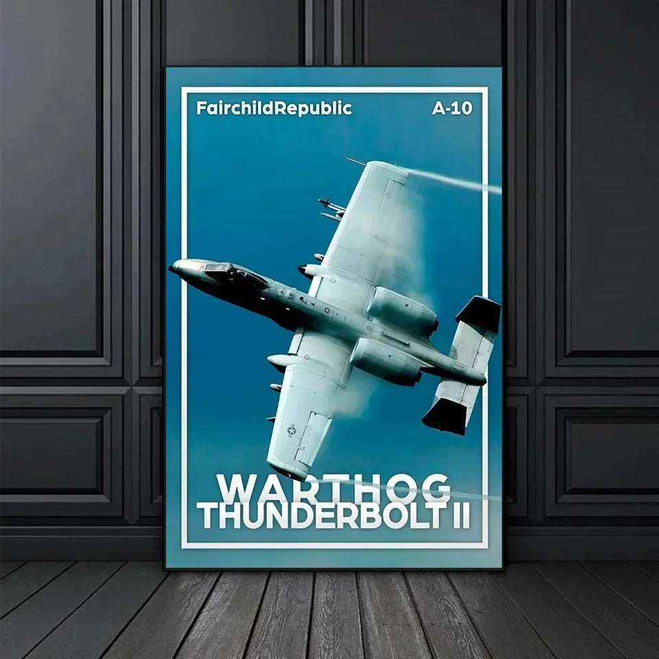 Poster of Fairchild Republic A-10 Warthog Thunderbolt II on a blue background
