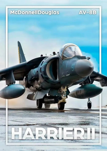 McDonnell Douglas AV-8B Harrier II on a runway with a clear sky.