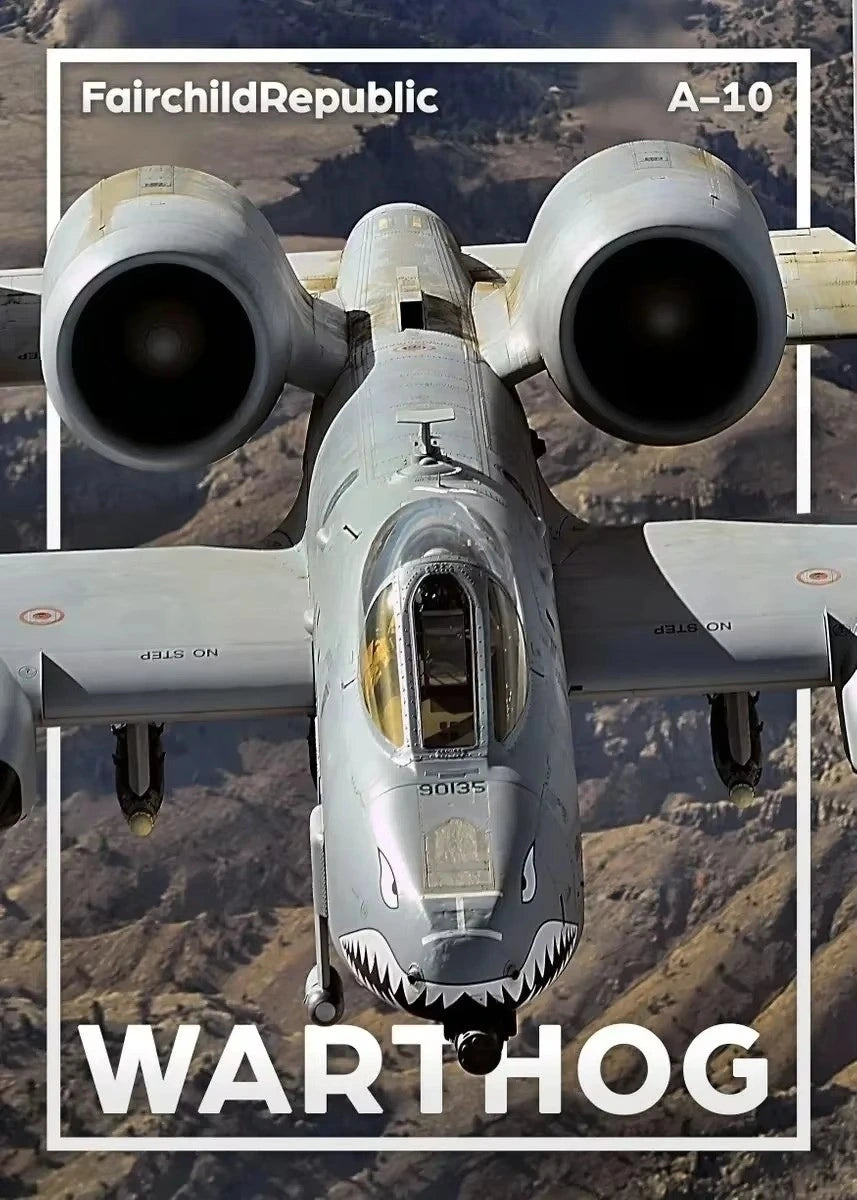 A-10 aircraft with 'Warthog' text and Fairchild Republic logo against a mountainous background.