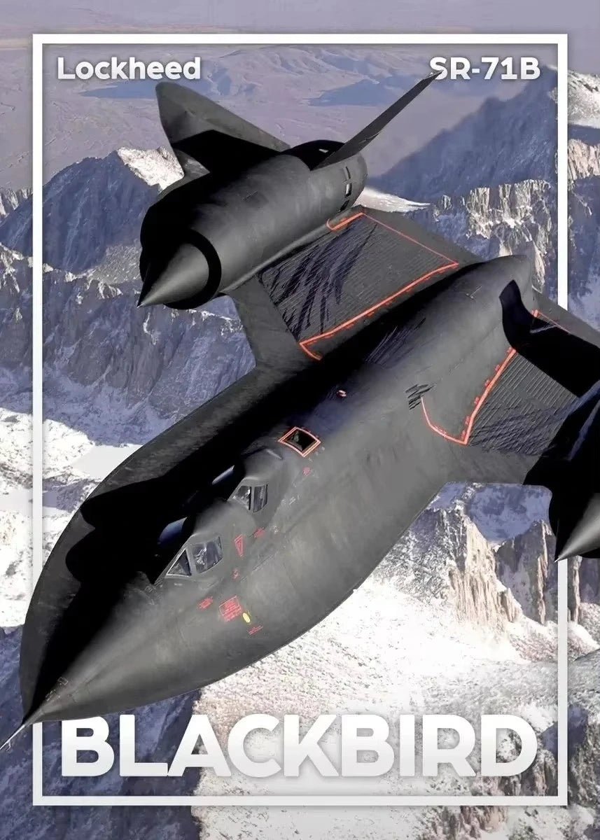 Lockheed SR-71B Blackbird aircraft flying over mountainous terrain