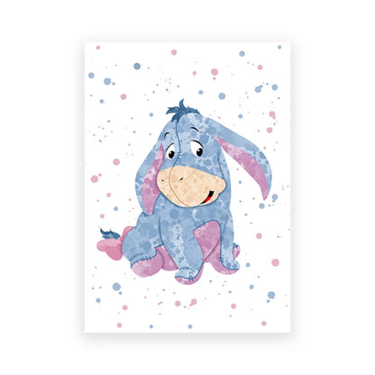 Cartoon donkey character with colorful polka dots on a white background