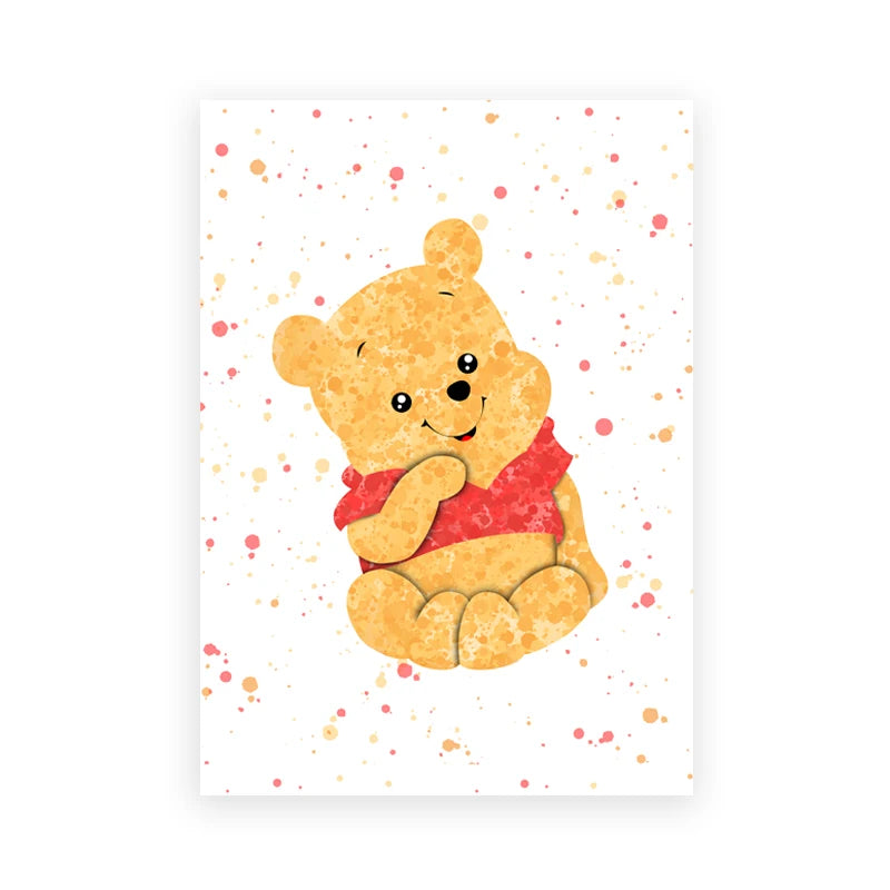 Cartoon bear with a red shirt on a white background with colorful dots