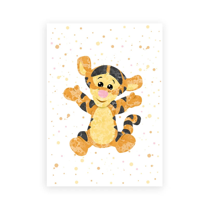 Cartoon tiger character on a white background with gold polka dots