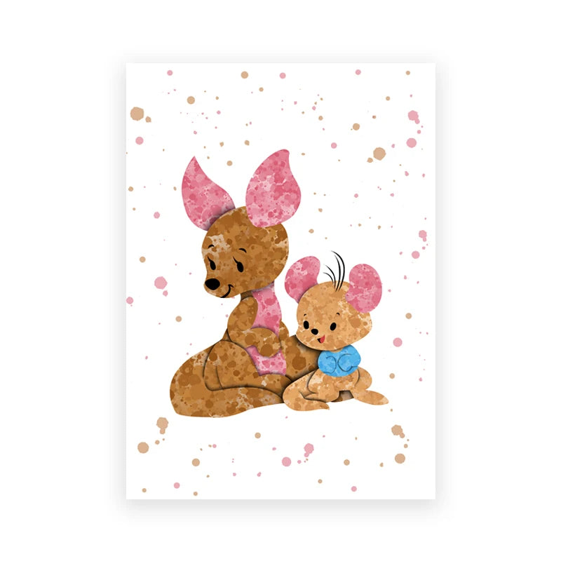 Illustration of a deer and a mouse with pink bunny ears on a white background with pink and brown dots.