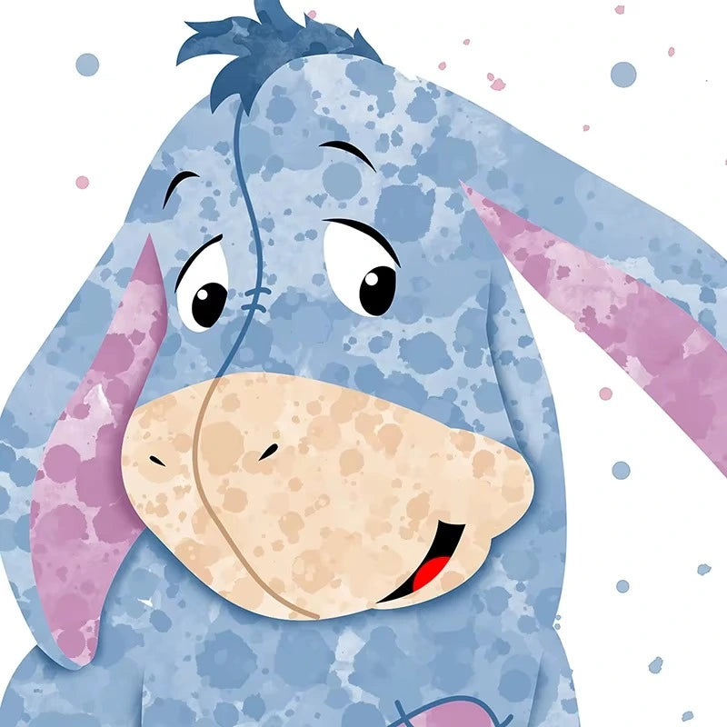 Cartoon donkey with blue spotted fur and pink inner ears on a white background