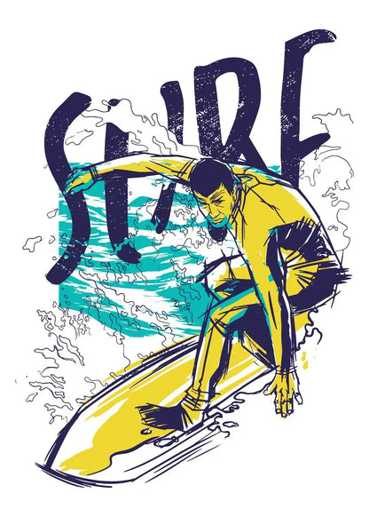 Illustration of a surfer on a wave with 'Surf' text in the background