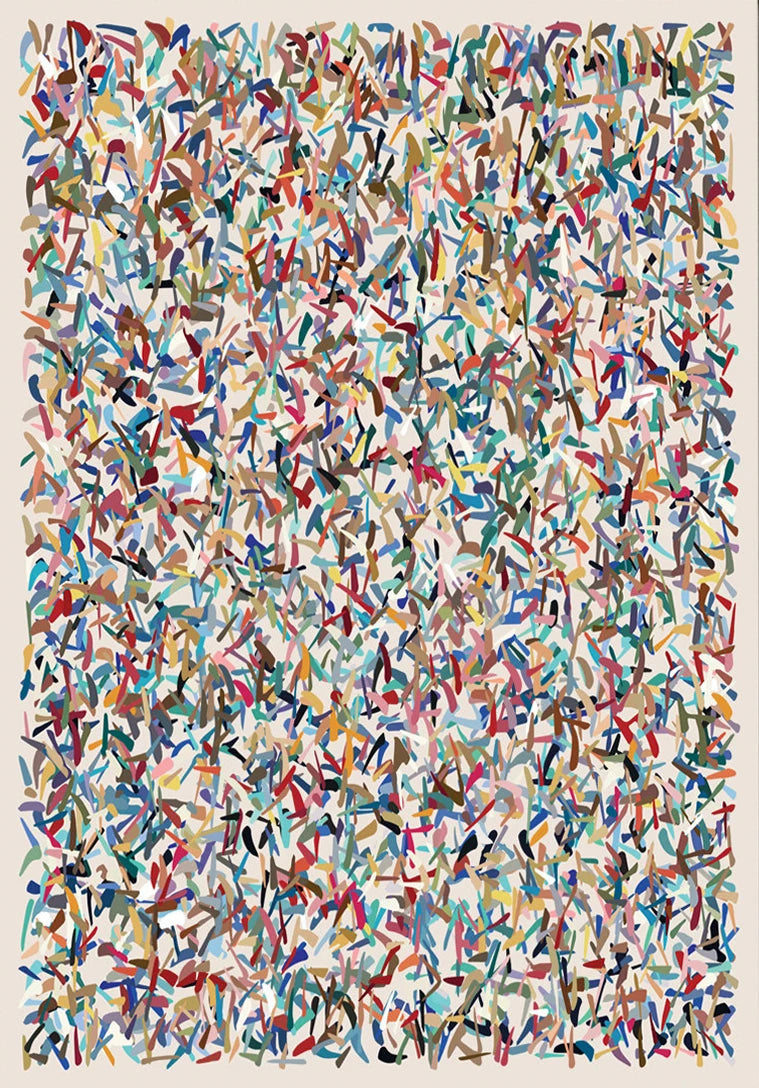 Abstract artwork with multicolored brush strokes on a white background