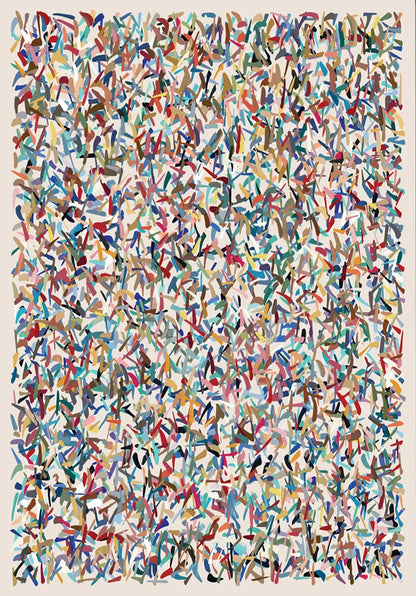 Abstract artwork with multicolored brush strokes on a white background