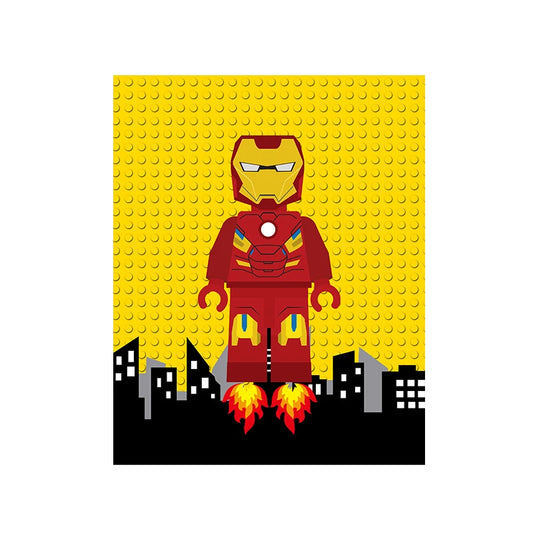 Superhero figure on a yellow baseplate with a cityscape background Canvas & Curio