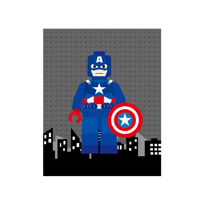 Lego figure of Captain America on a gray baseplate with a cityscape background
