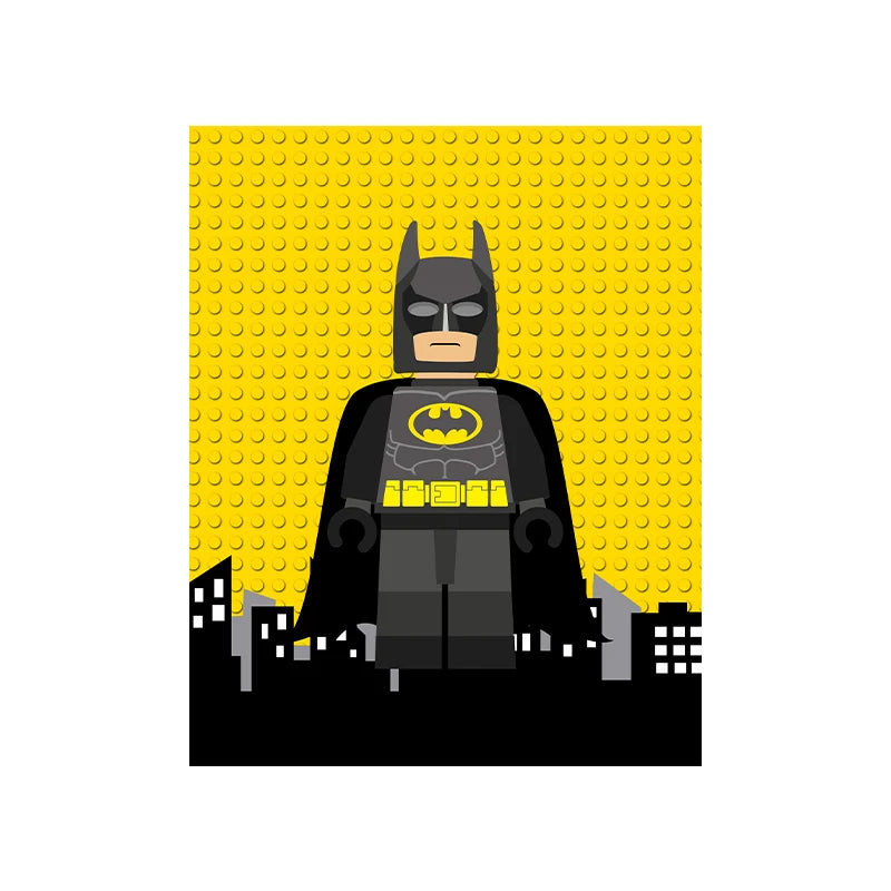 Batman figure on a yellow background with a cityscape below