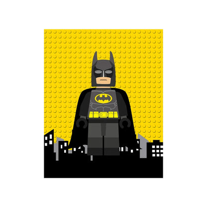 Batman figure on a yellow background with a cityscape below