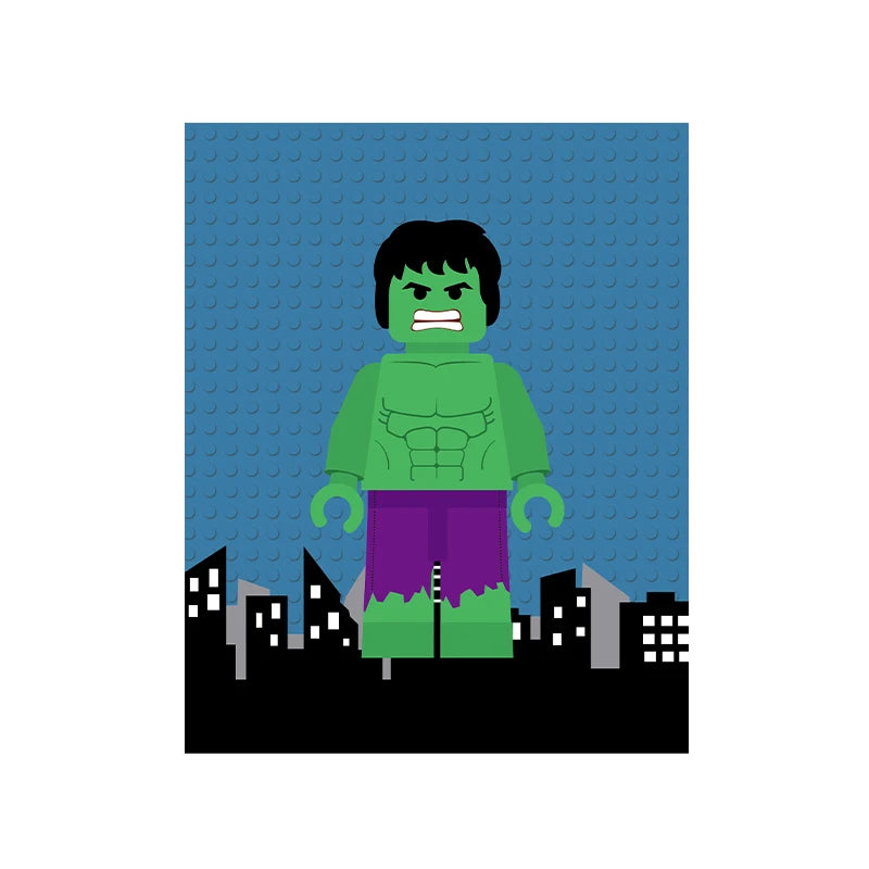Toy figure of a superhero in green and purple costume on a blue background with cityscape at the bottom.