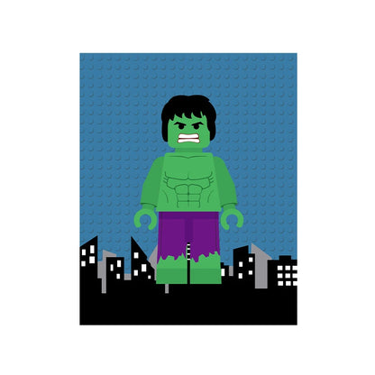 Toy figure of a superhero in green and purple costume on a blue background with cityscape at the bottom.