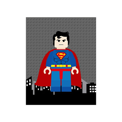 Superman LEGO figure on a gray baseplate with cityscape background
