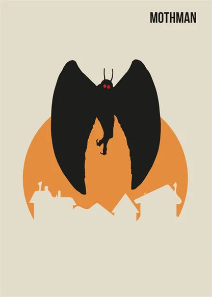 Illustration of the Mothman with a cityscape silhouette on a beige background