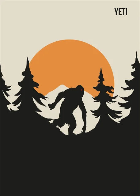 Silhouette of a Yeti in a forest with an orange sun in the background, featuring the YETI brand.
