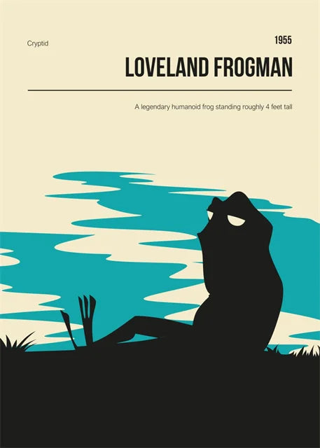 Illustration of a legendary human-frog creature named Loveland Frogman with a stylized landscape in the background.