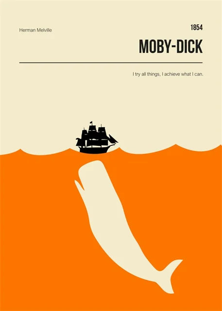 Book cover of 'Moby-Dick' with a whale and ship illustration on an orange and beige background.
