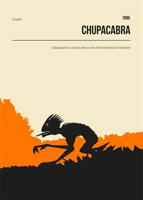 Illustration of a chupacabra with text about the creature on a beige and orange background