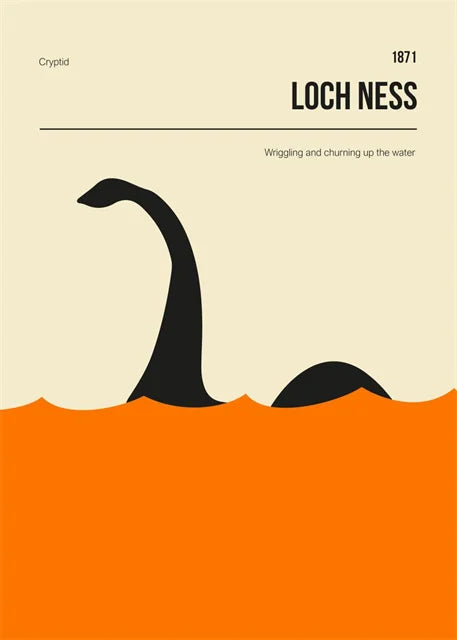 Illustration of a creature emerging from water with text about Loch Ness.