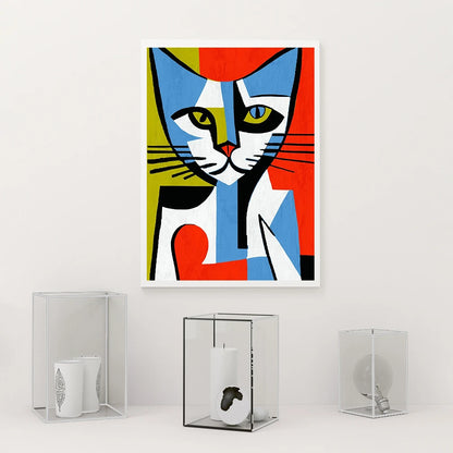 Abstract cat artwork in a modern interior setting with decorative items.
