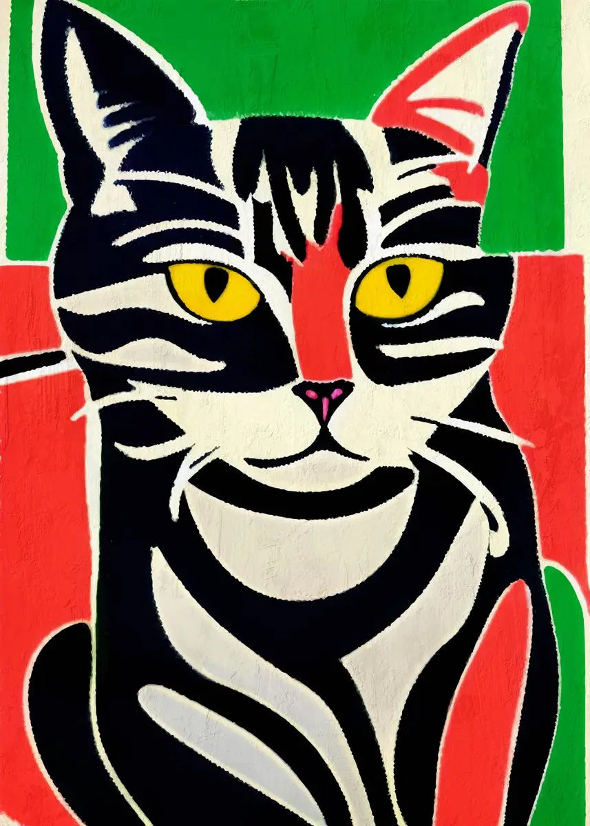 Colorful abstract painting of a cat with a green, red, and beige background