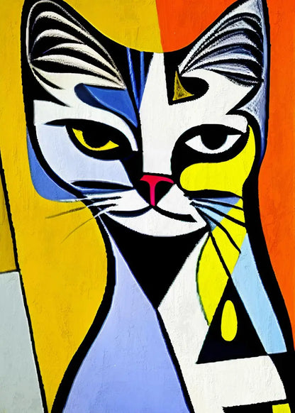 Colorful abstract painting of a cat's face with geometric shapes
