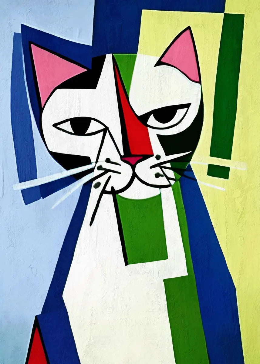 Abstract painting of a cat with geometric shapes and bold colors