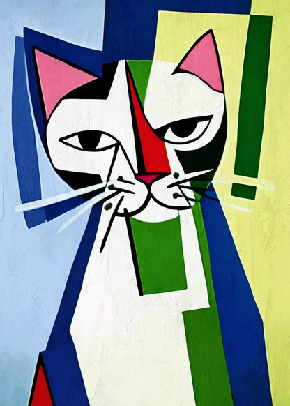 Abstract painting of a cat with geometric shapes and bold colors