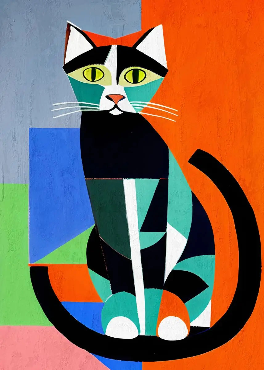 Abstract painting of a cat with geometric shapes on a colorful background