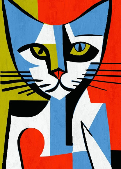 Abstract painting of a cat with geometric shapes in red, blue, and white.