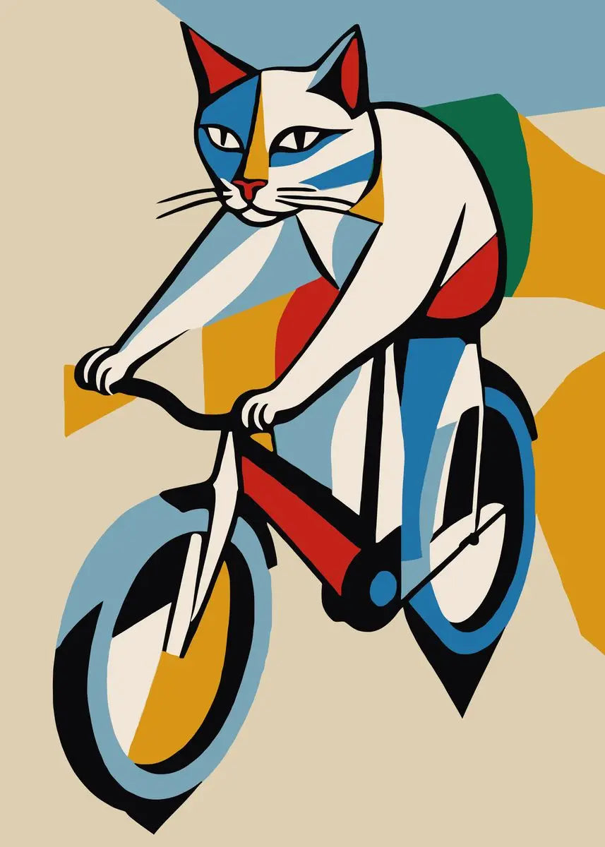 Colorful illustration of a cat riding a bicycle on a beige background