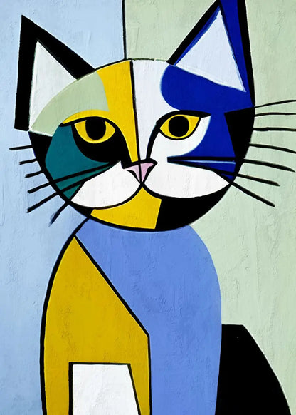 Abstract painting of a cat with geometric shapes on a light blue and green background