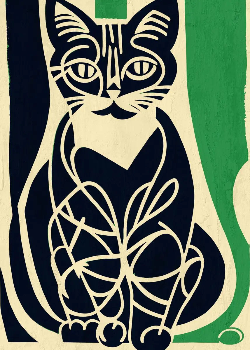 Stylized cat illustration with a green background