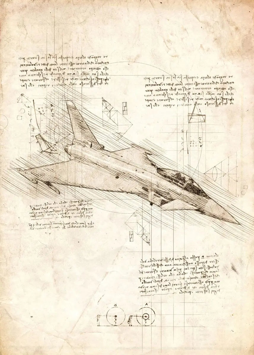 Technical drawing of an airplane on a textured paper background