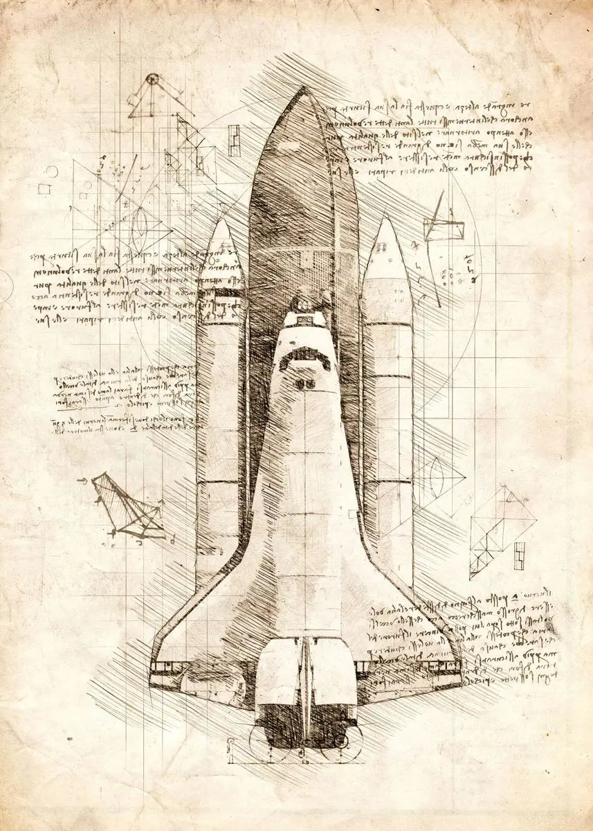 Technical drawing of a space shuttle on a textured paper background