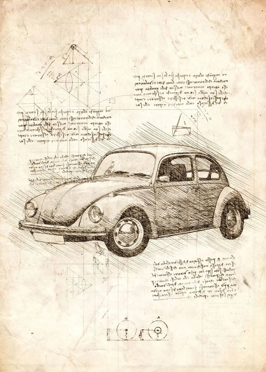 Vintage-style drawing of a Volkswagen Beetle on a textured paper background with text and diagrams.