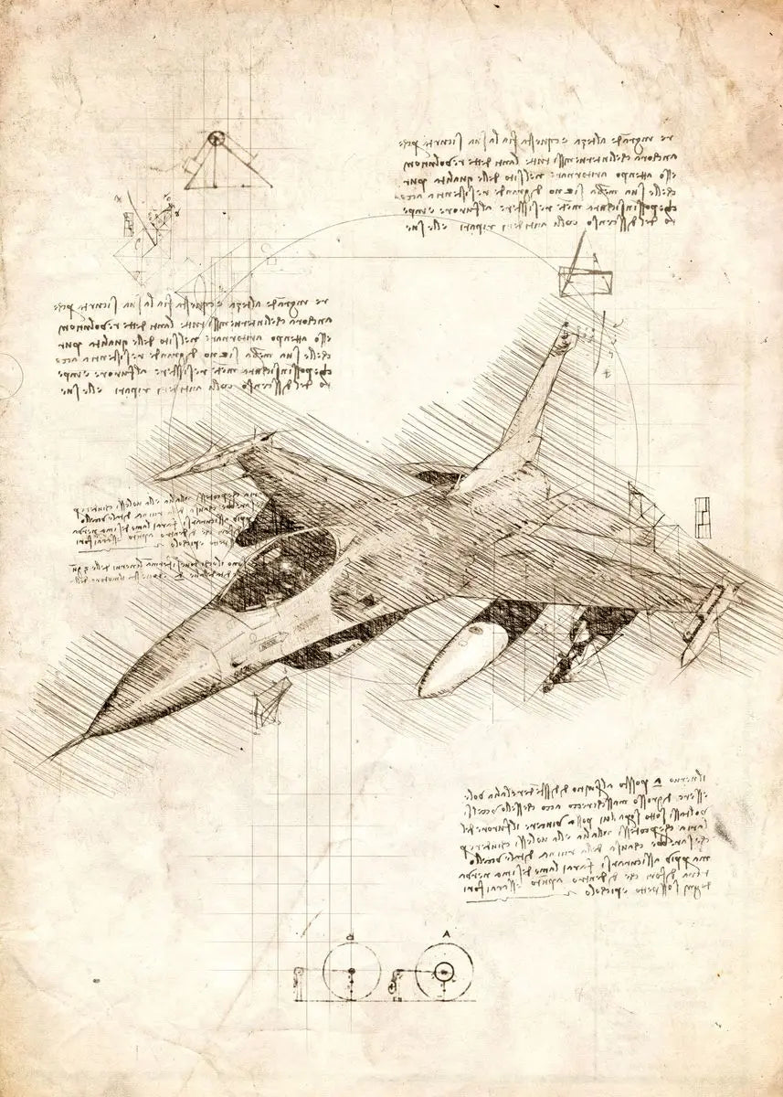 Technical drawing of a jet aircraft on a textured paper background with text.