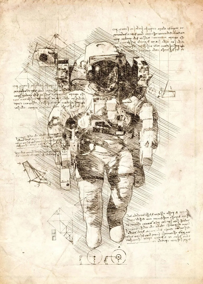 Illustration of an astronaut in a spacesuit with scientific notations on a textured paper background