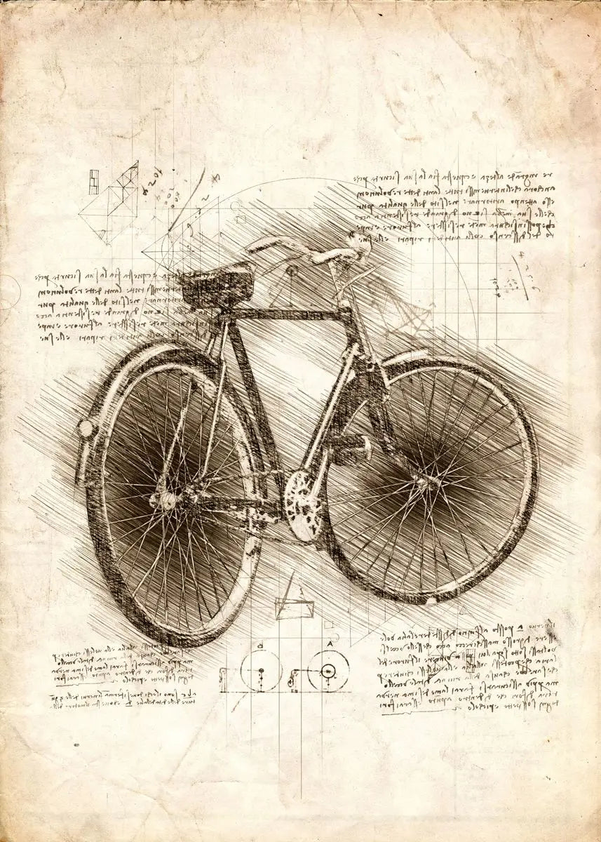 Detailed pencil drawing of a bicycle on a textured paper background with text and diagrams.