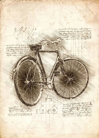Detailed pencil drawing of a bicycle on a textured paper background with text and diagrams.