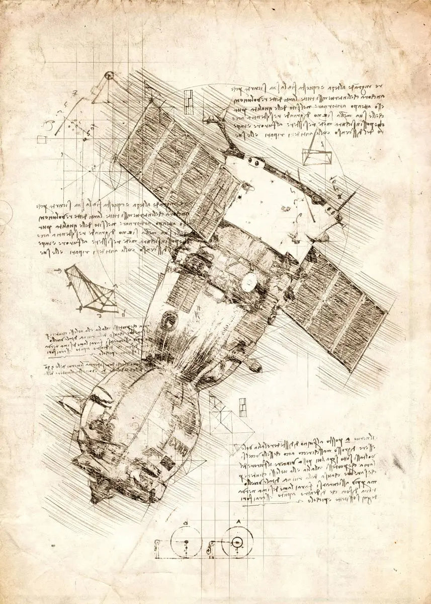 Technical drawing of a spacecraft on aged paper with text