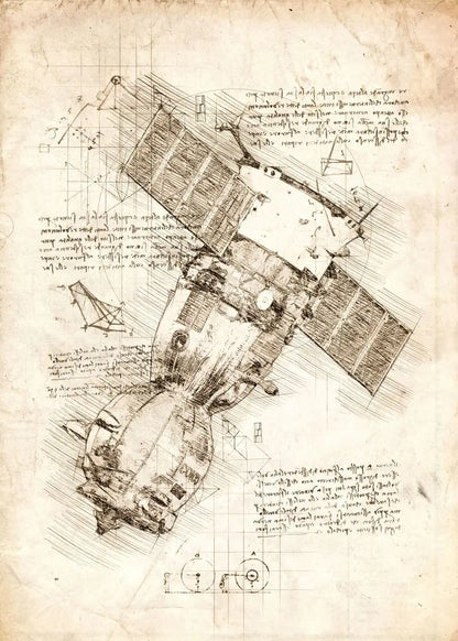 Technical drawing of a spacecraft on aged paper with text