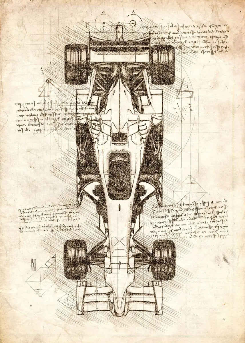 Technical drawing of a vehicle on a textured paper background