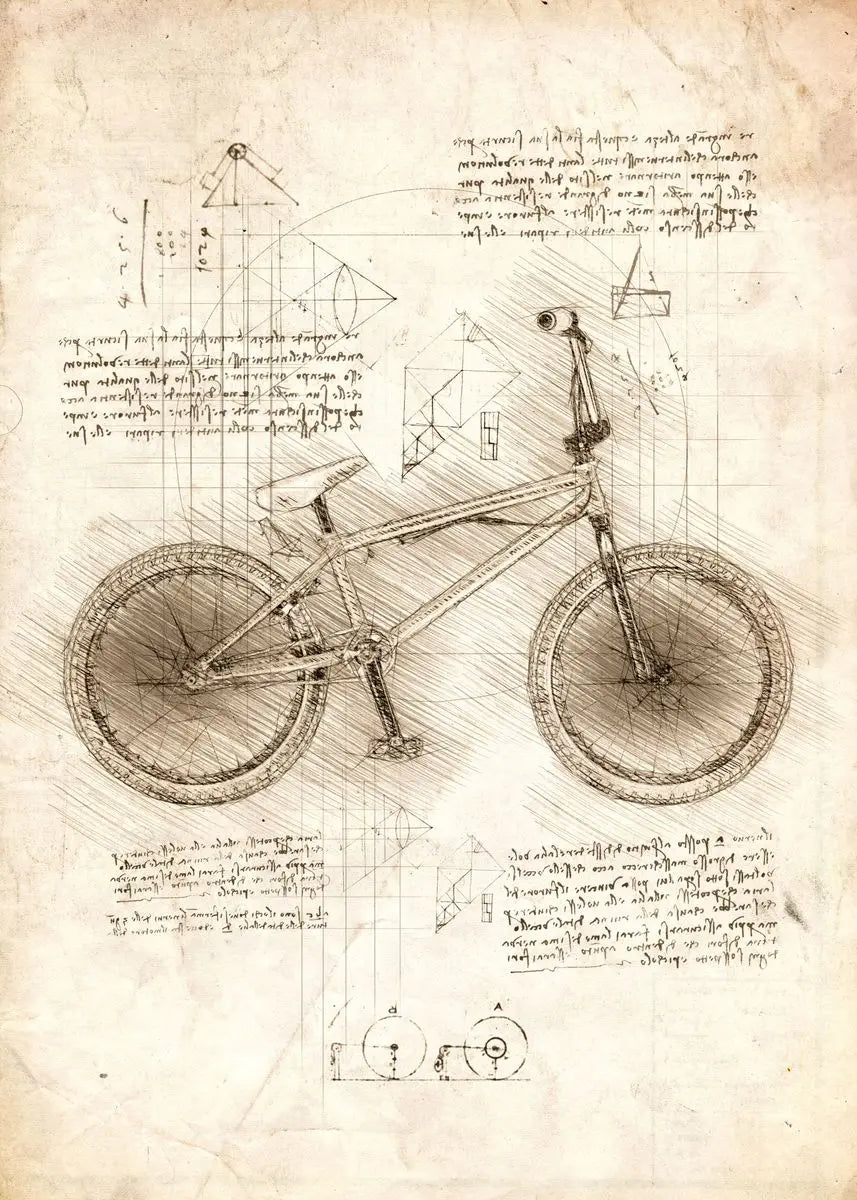 Technical drawing of a bicycle on a textured paper background with text
