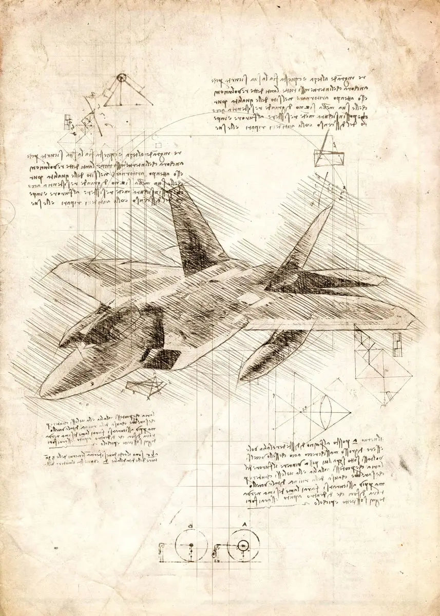 Technical drawing of an airplane on a textured paper background