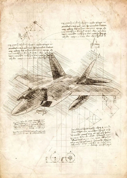 Technical drawing of an airplane on a textured paper background